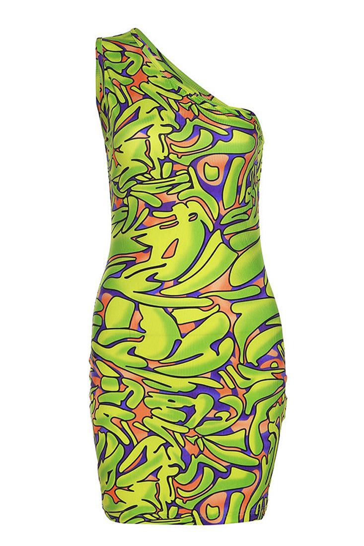 Lime Green Printed One Shoulder Ribbed Fitted Sexy Dress - AMIClubwear