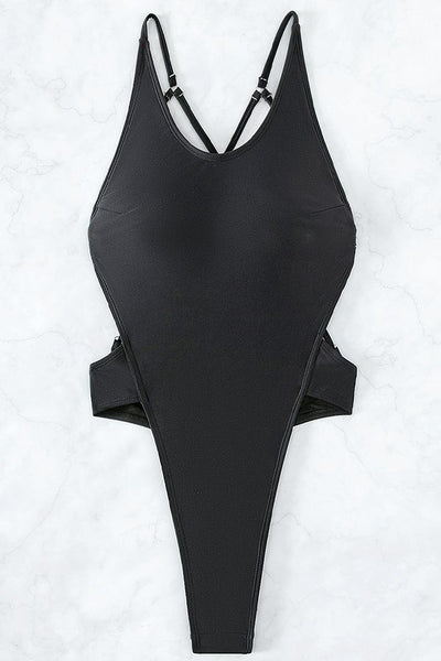 Black Rhinestone Gem High Cut Strappy Sexy Monokini 1Pc Swimsuit