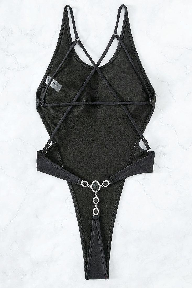 Black Rhinestone Gem High Cut Strappy Sexy Monokini 1Pc Swimsuit