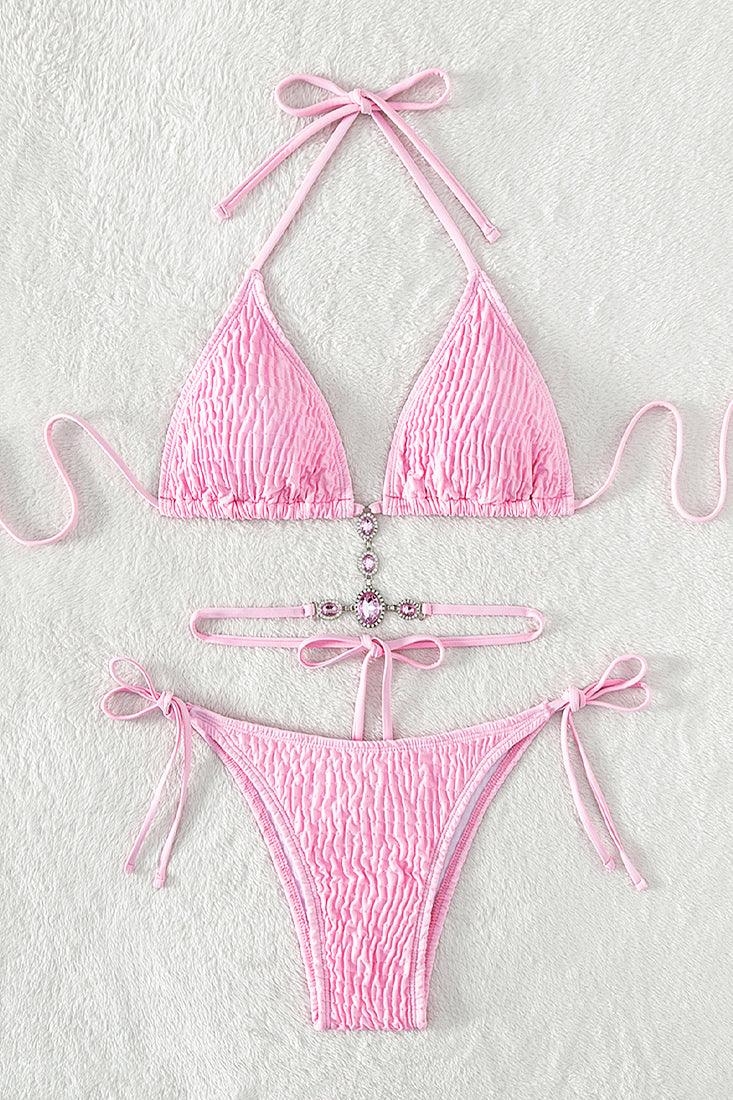 Pink Smocked Rhinestone Gem Strappy Sexy Cheeky 2Pc Swimsuit Bikini Set - AMIClubwear