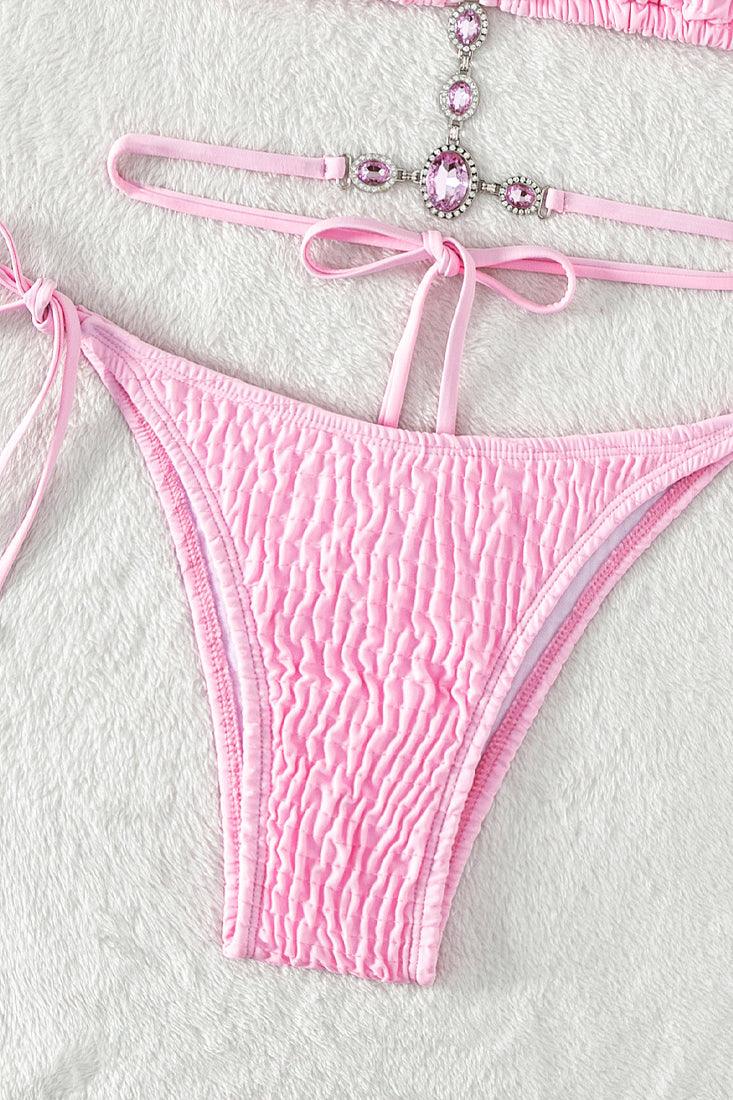 Pink Smocked Rhinestone Gem Strappy Sexy Cheeky 2Pc Swimsuit Bikini Set