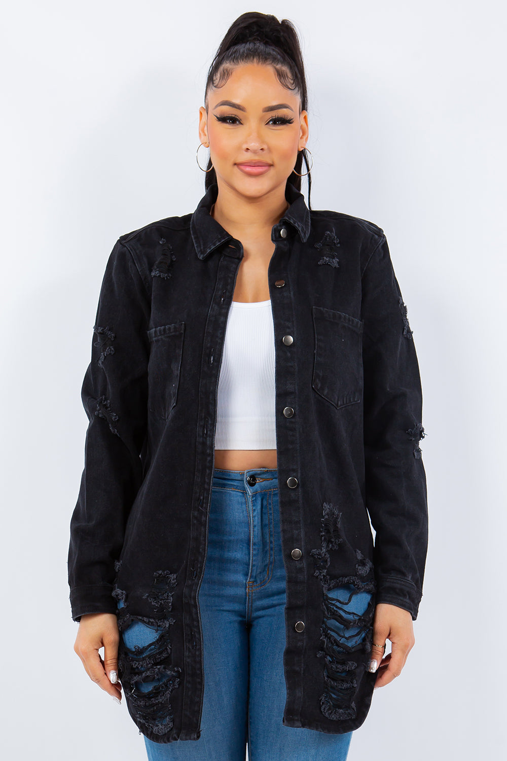 American Bazi Off Shoulder Lace Up Denim Jacket main image 0