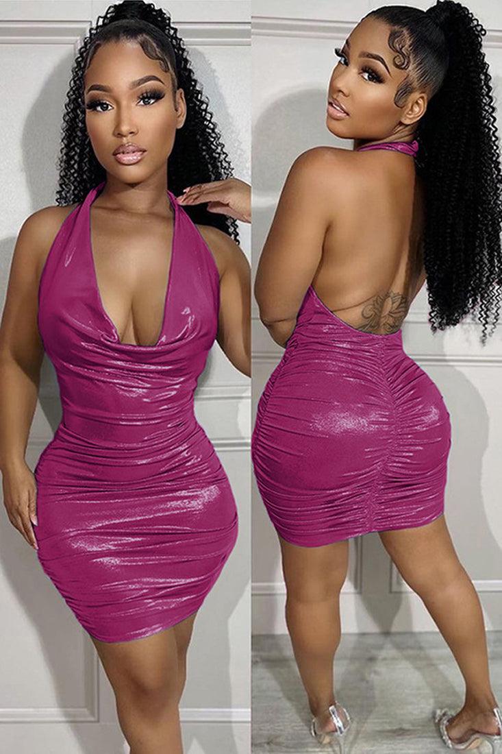 Pink Metallic Halter Ruched Backless Sexy Party Holiday Dress