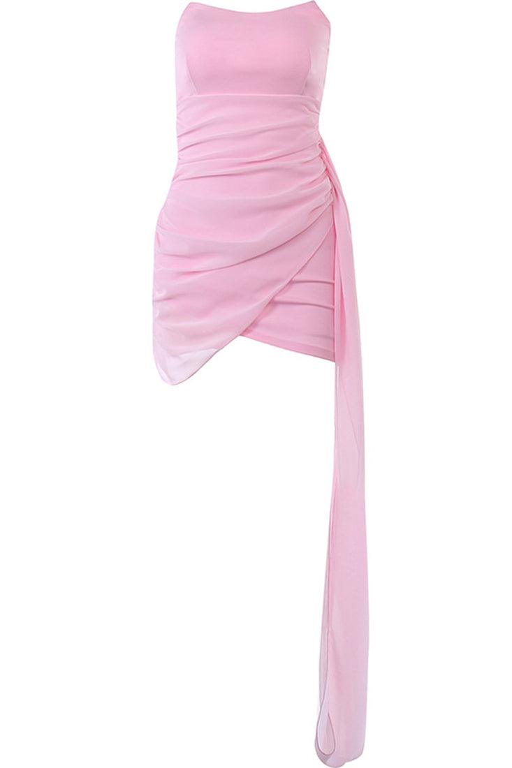 Light Pink Strapless Boned Ruched Side Drape Sexy Party Dress - AMIClubwear