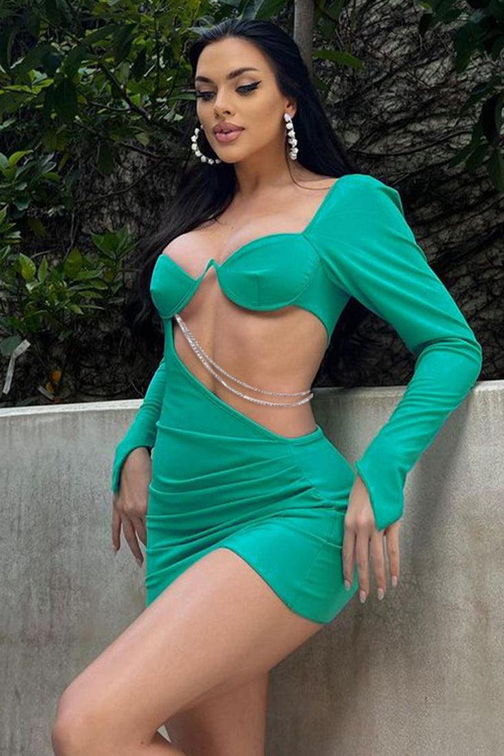 Green Long Sleeves V-Wired Push Up Chain Sexy Party Dress - AMIClubwear