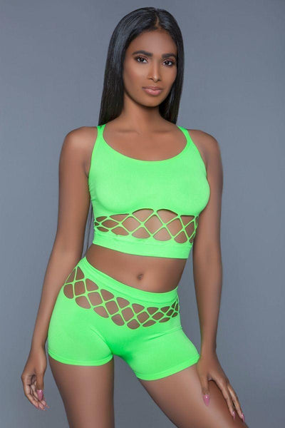 2 pc silk fishnet set that includes a tank crop top with criss-cross cami straps and a pair of high waisted booty shorts. - AMIClubwear