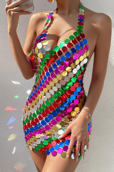 Rainbow Multi Coin Halter Sexy Mini Dress Seen On TV - AMIClubwear