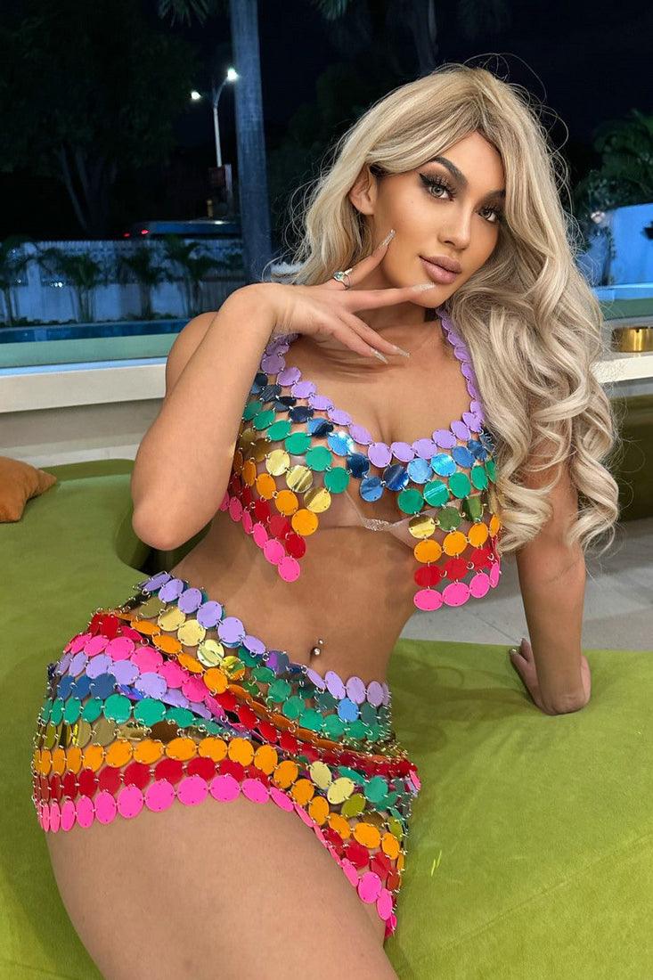 Rainbow Multi Coin Halter Sexy Party Top - AMIClubwear