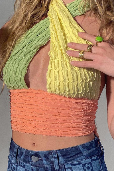 Green Yellow Orange Textured Fabric Halter Sexy Top