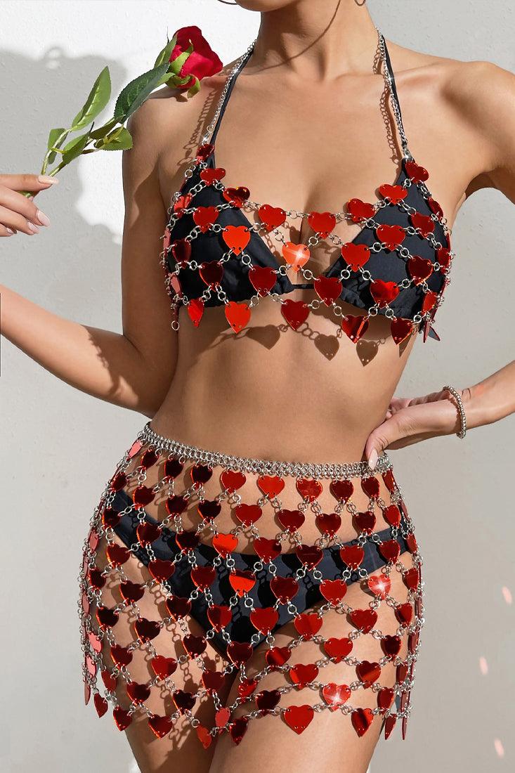 Red Heart Shape Coin Chain Halter Crop Sexy Party Top