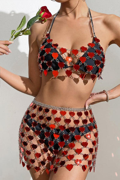 Red Heart Shape Coin Chain Halter Crop Sexy Party Top - AMIClubwear