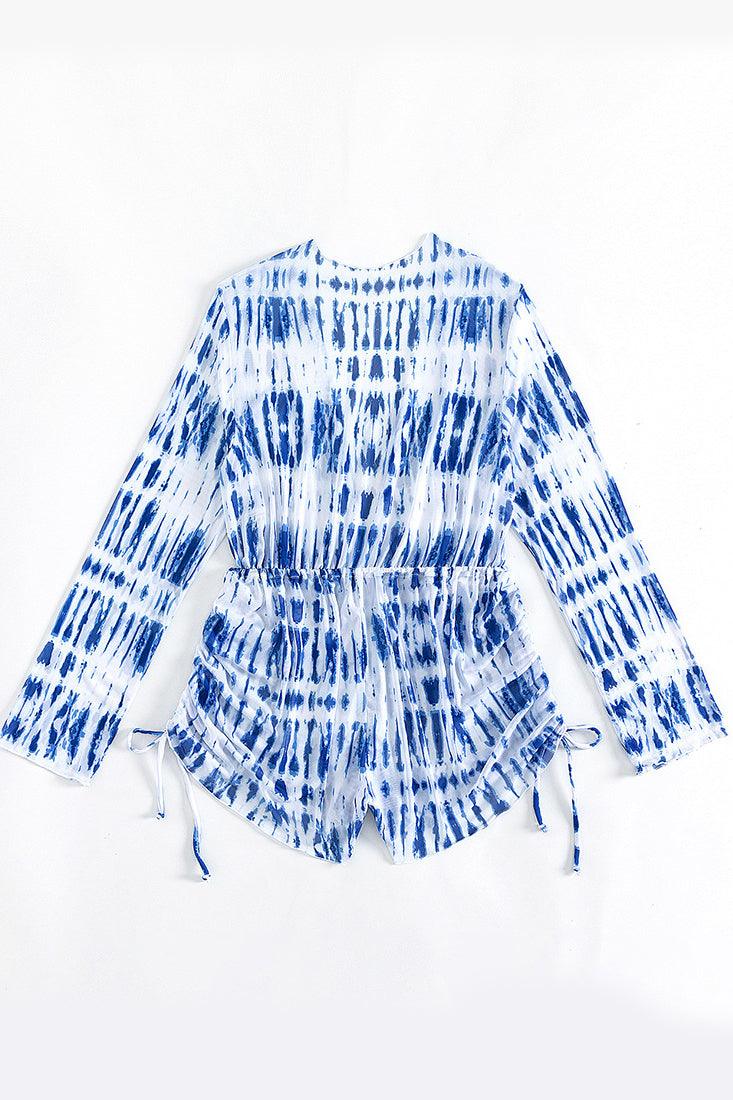 Blue White Tie Dye Plunging-V Mesh Long Sleeves Romper Cover-Up - AMIClubwear