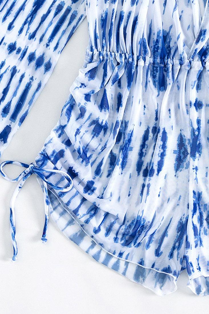 Blue White Tie Dye Plunging-V Mesh Long Sleeves Romper Cover-Up - AMIClubwear