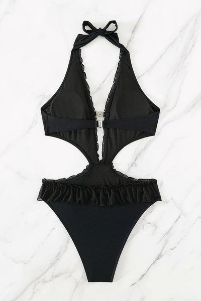 Black Ruffle Rhinestone Halter Plunging Sexy 1Pc Swimsuit Monokini