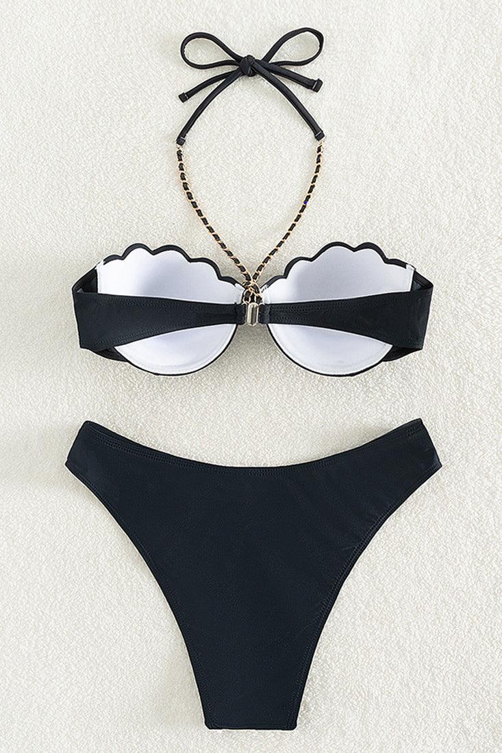 Black Wired Shell Cup Chain Halter High Waist Cheeky 2 Pc Swimsuit Set