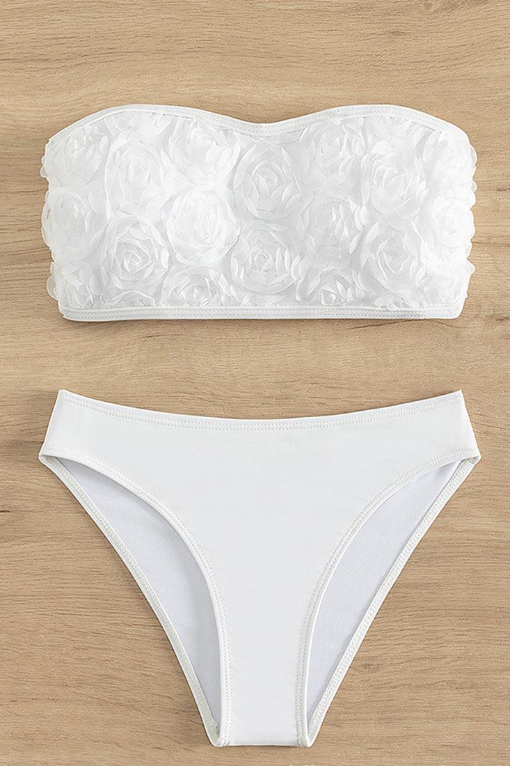 White 3D Flowers Rosette Bandeau High Waist Cheeky 2Pc Swimsuit Set