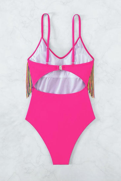 Hot Pink Rainbow Fringe High Cut Sexy 1Pc Swimsuit Monokini - AMIClubwear
