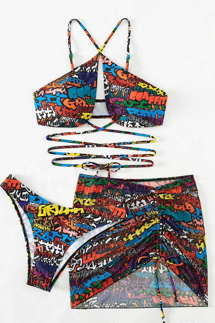 Multi Rainbow Graffiti Print Strappy Cheeky Mesh Cover-Up 3Pc Swimsuit Set