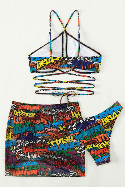 Multi Rainbow Graffiti Print Strappy Cheeky Mesh Cover-Up 3Pc Swimsuit Set