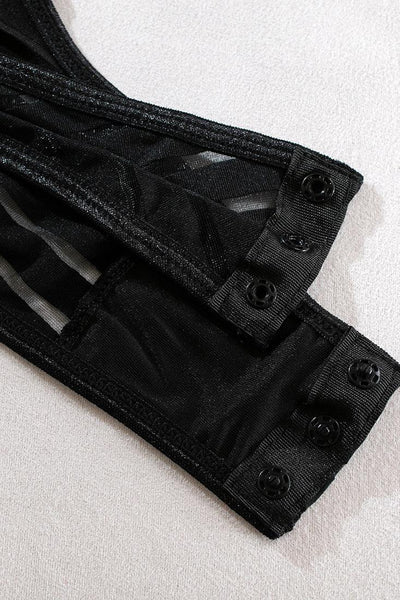 Black Stripes Mesh Bandage Garter Belt Bodysuit 4Pc Sexy Lingerie Set - AMIClubwear