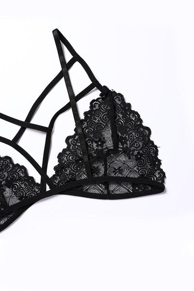 Black Lace Strappy Bra Underwear 2Pc Lingerie Set