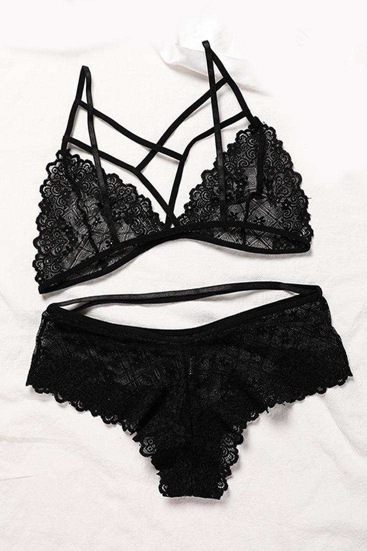 Black Lace Strappy Bra Underwear 2Pc Lingerie Set - AMIClubwear