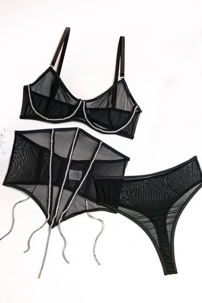 Black Rhinestone Mesh Boned Corset Thong 3Pc Sexy Lingerie Set - AMIClubwear