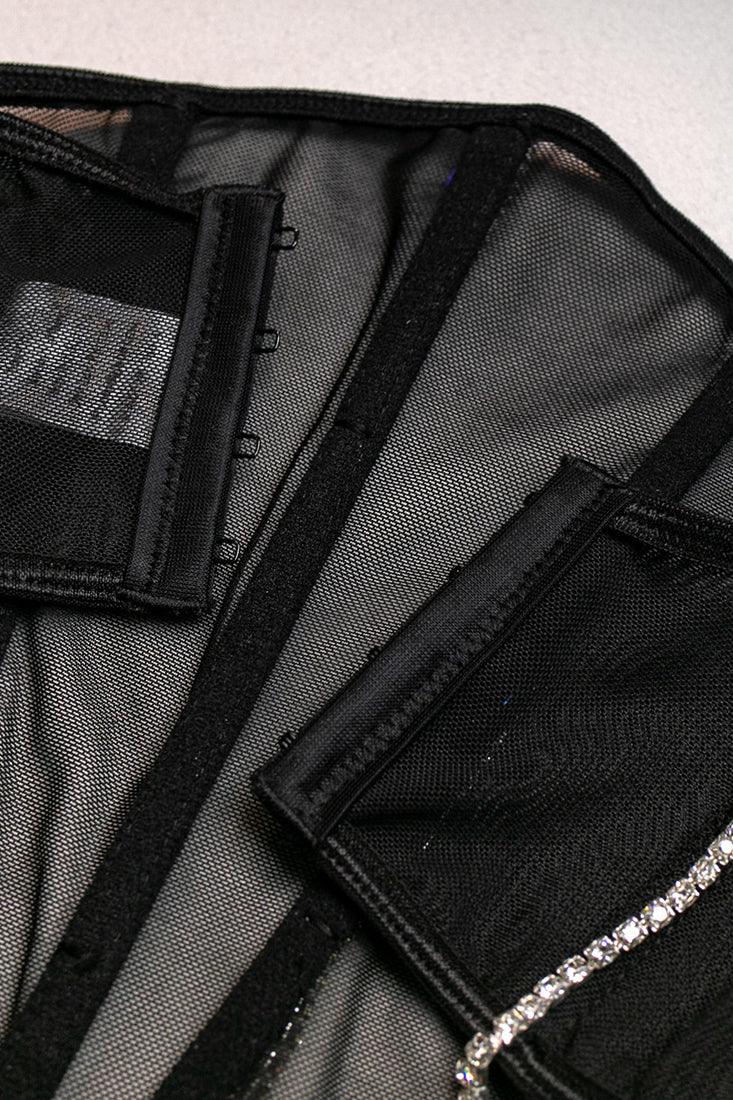 Black Rhinestone Mesh Boned Corset Thong 3Pc Sexy Lingerie Set - AMIClubwear