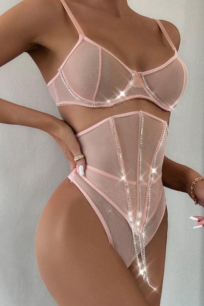 Pink Rhinestone Mesh Boned Corset Thong 3Pc Sexy Lingerie Set