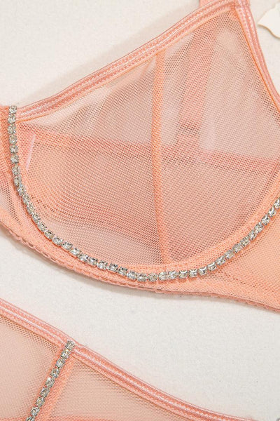 Pink Rhinestone Mesh Boned Corset Thong 3Pc Sexy Lingerie Set