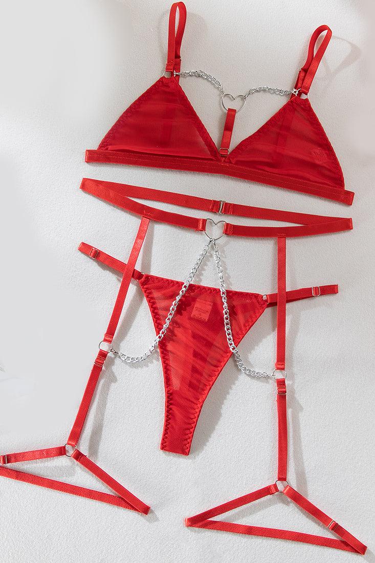 Red Mesh Sheer Strappy Heart Ring Chain Garter Thong 3Pc Sexy Lingerie Set