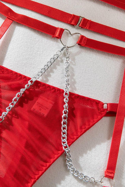 Red Mesh Sheer Strappy Heart Ring Chain Garter Thong 3Pc Sexy Lingerie Set