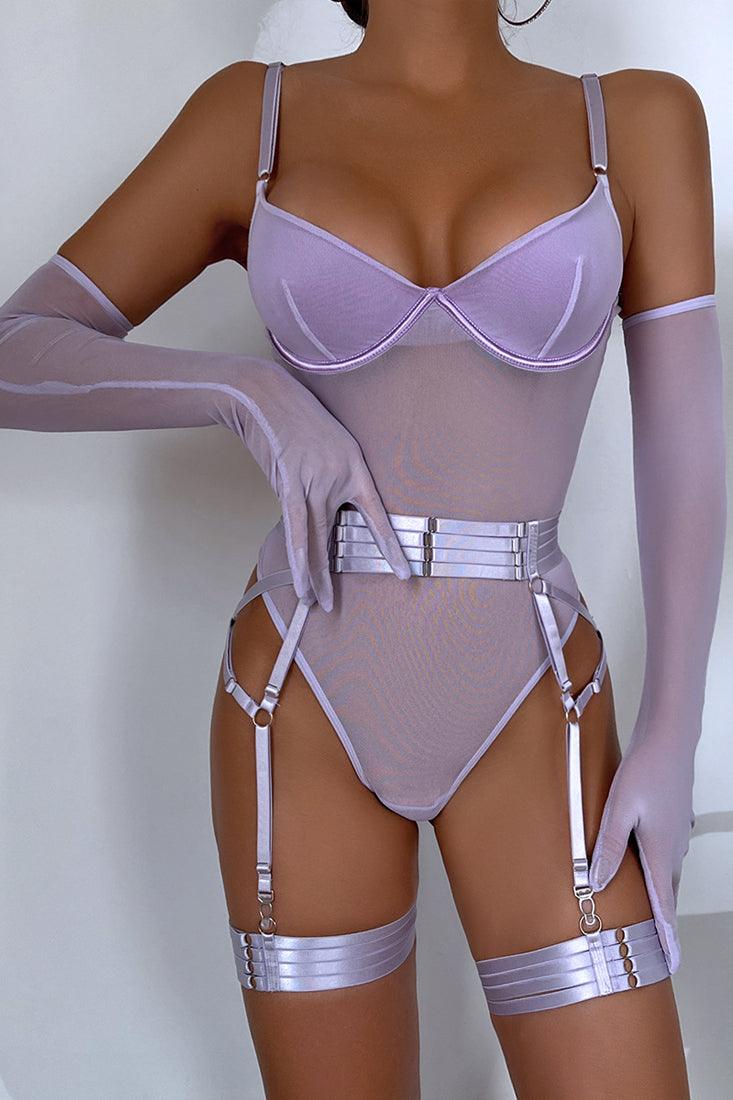 Lavender Mesh Teddy Garter Belt Gloves 5Pc Sexy Lingerie AMIClubwear Lavender Mesh Teddy Garter Belt Gloves 5Pc Sexy Lingerie AMIClubwear