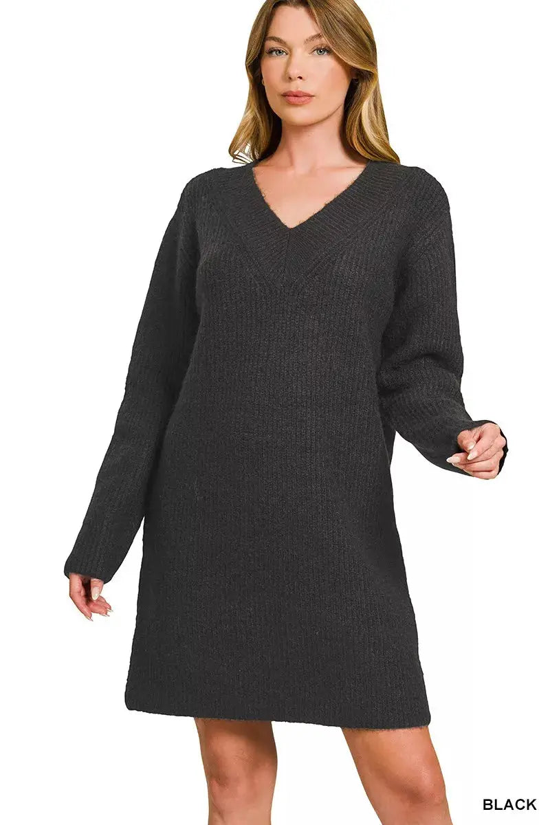 V-Neck Long Sleeve Ribbed Sweater Dress – AMIClubwear