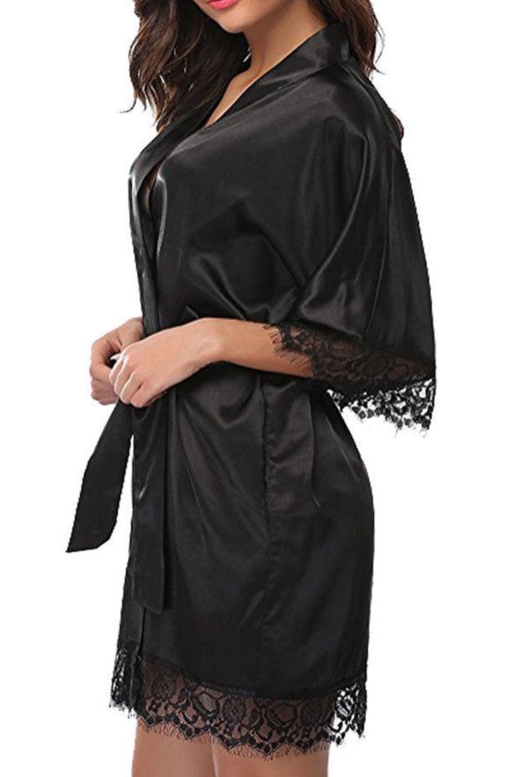 Black Satin Lace Kimono Robe With Belt Lingerie Set - AMIClubwear