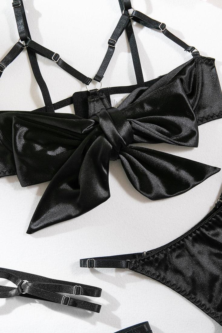 Black Satin Bow Strappy Bra Thong Garter 3Pc Sexy Lingerie Set - AMIClubwear