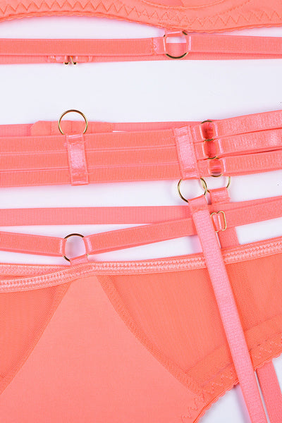 Orange Strappy Mesh Cut-Out Garter Belt Thong Bra 5Pc Sexy Lingerie Set