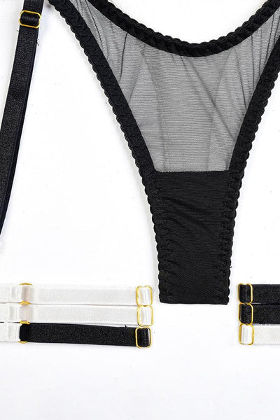 Black White Mesh Cut Out Bra 5Pc Choker Garter Thong Lingerie Set - AMIClubwear