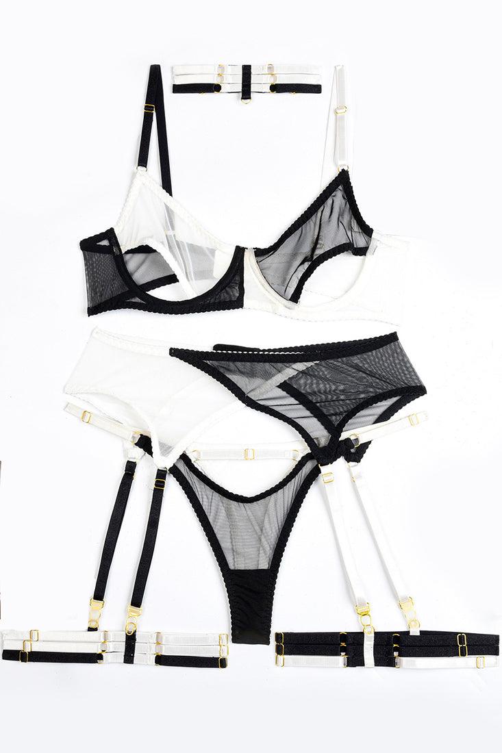 Black White Mesh Cut Out Bra 5Pc Choker Garter Thong Lingerie Set - AMIClubwear