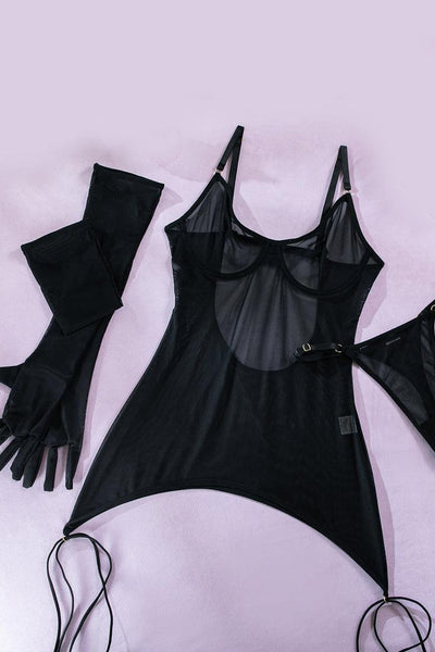 Black Mesh Sheer Gloved Bodysuit Garter Thong Leg Wrap Sexy 4Pc Lingerie Set - AMIClubwear