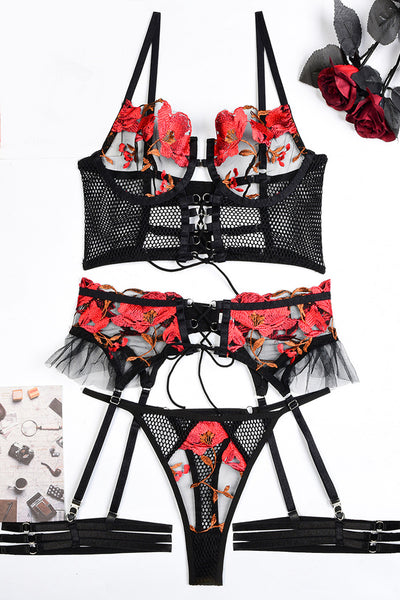 Black Red Flower Embroider Bra Garter Belt Thong 5Pc Lingerie Set