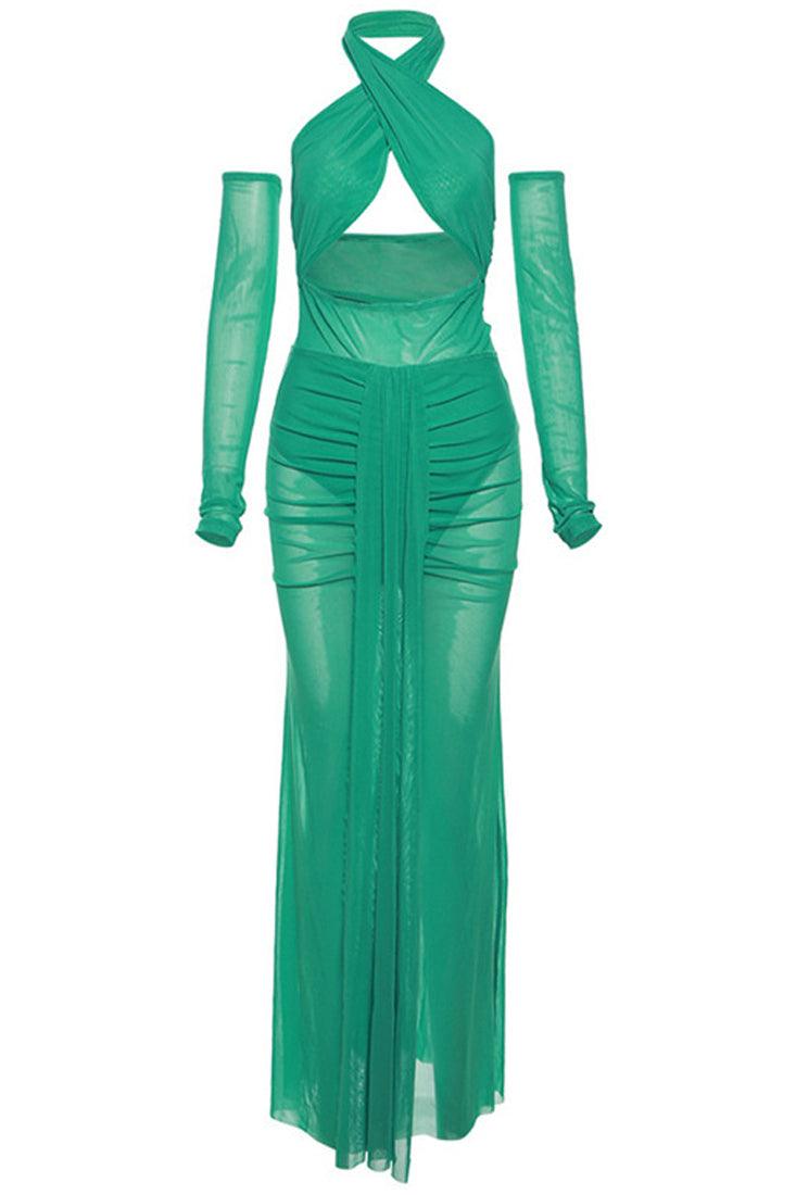 Green Mesh Halter Sleeves Full Length 3Pc Maxi Resort Dress