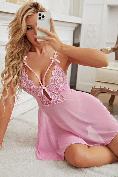 Pink Lace Mesh Strappy Teddy 2Pc Lingerie Set - AMIClubwear