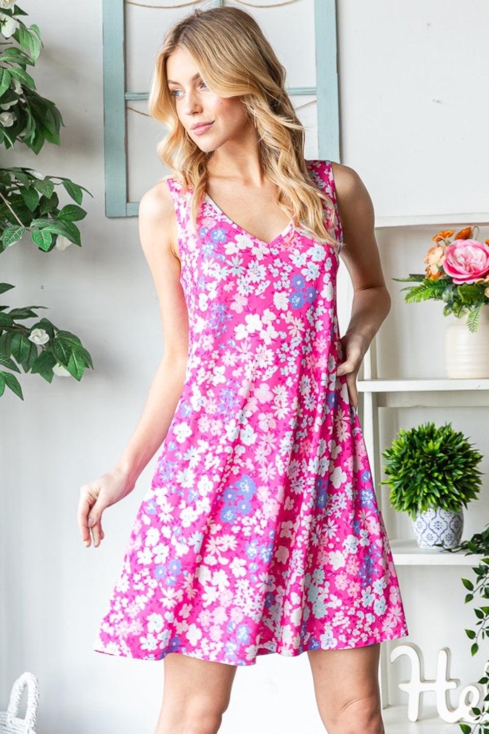 Heimish Full Size Floral V-Neck Tank Dress with Pockets - AMIClubwear
