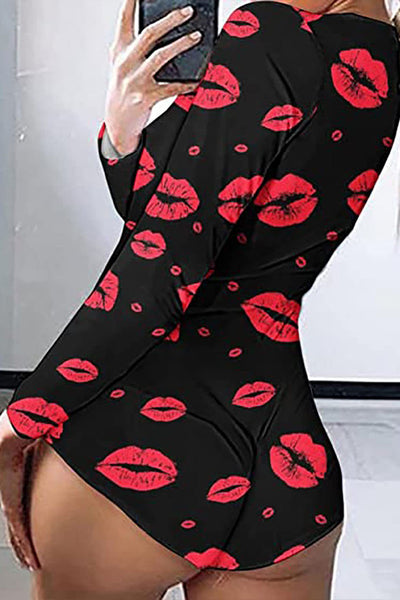 Black Red Lip Printed Long Sleeve Sexy Fitted Casual Romper PJ