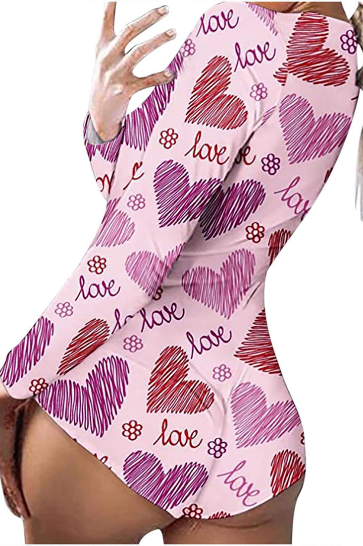 Pink Printed Long Sleeve Sexy Fitted Casual Romper PJ