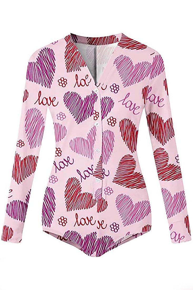 Pink Printed Long Sleeve Sexy Fitted Casual Romper PJ - AMIClubwear