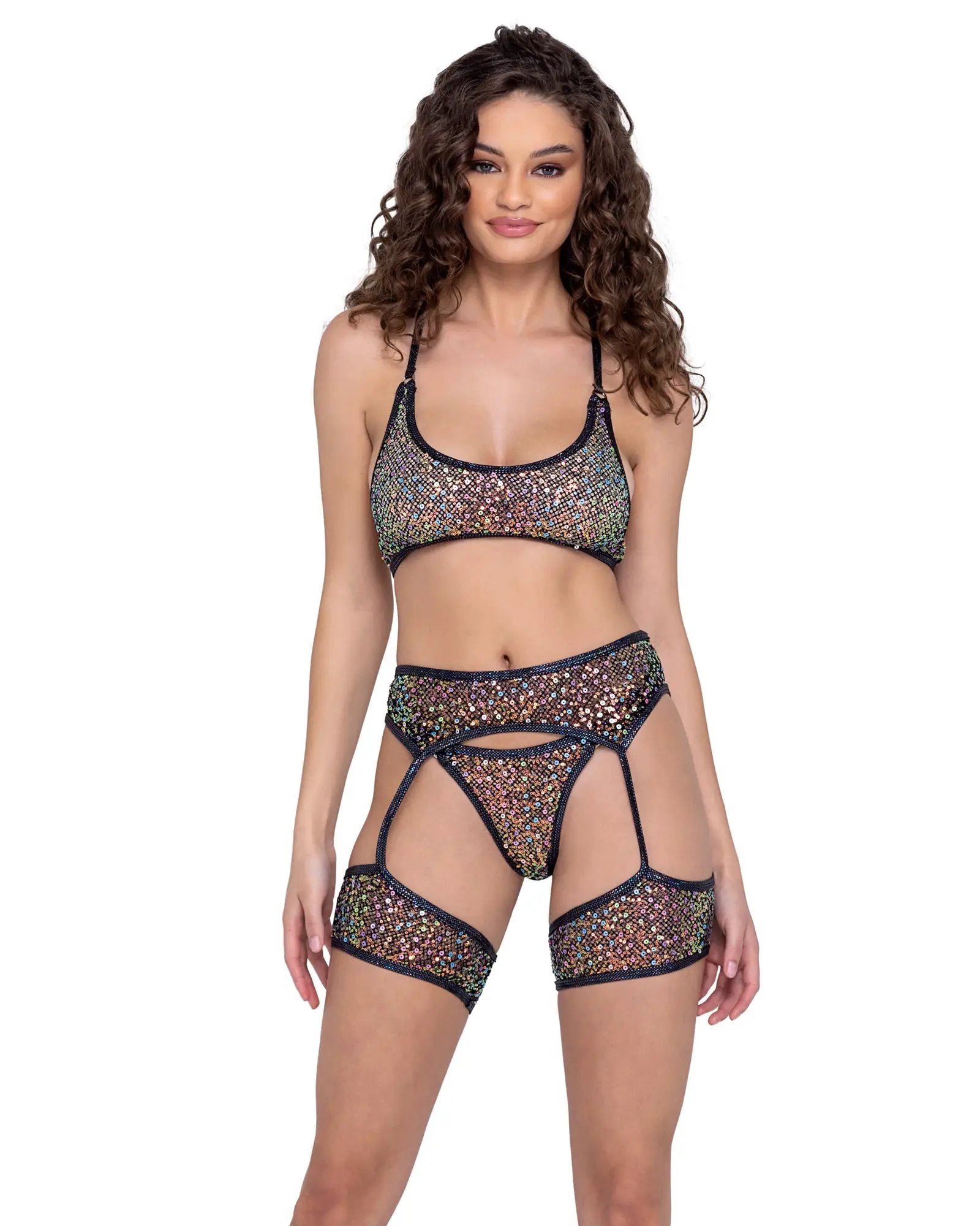 fishnet & Lace Velvet Trims Halter Bralette & Garter Belt