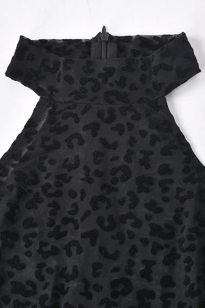 Black Mesh Leopard Velvet Print High Neck Zipper Sexy Dress
