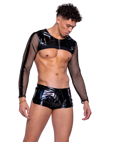 6518 - Vinyl with Iridescent Print Long Sleeved Fishnet Top - AMIClubwear